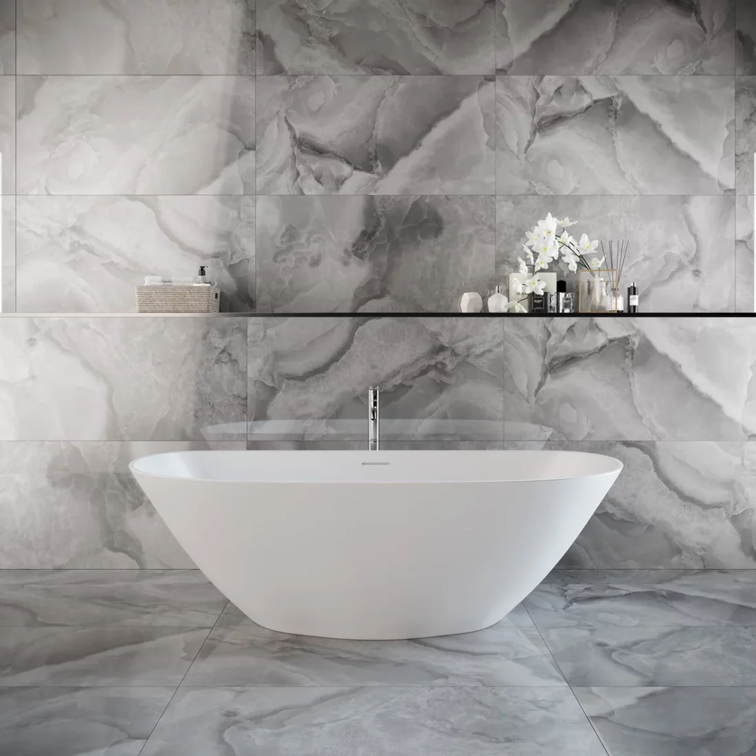 An image of a 600x1200mm dark onyx grey effect porcelain tile in a modern bathroom setting with a white bath.