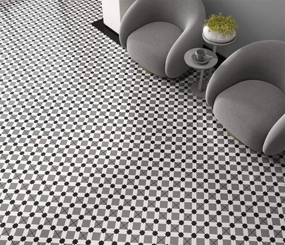 crayford tile centre retromix star with black border on a floor setting